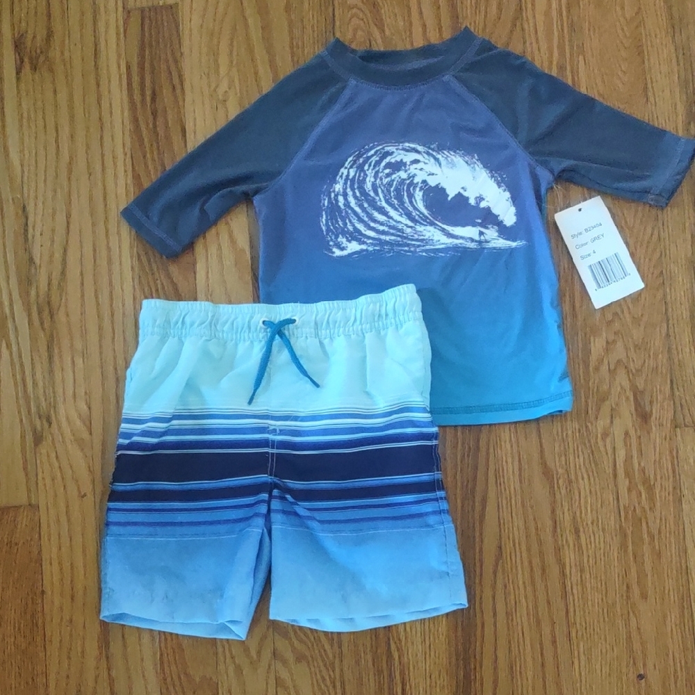 SWIMFIX Kids Blue Rashguard Set With Ocean Wave Design - Size 4